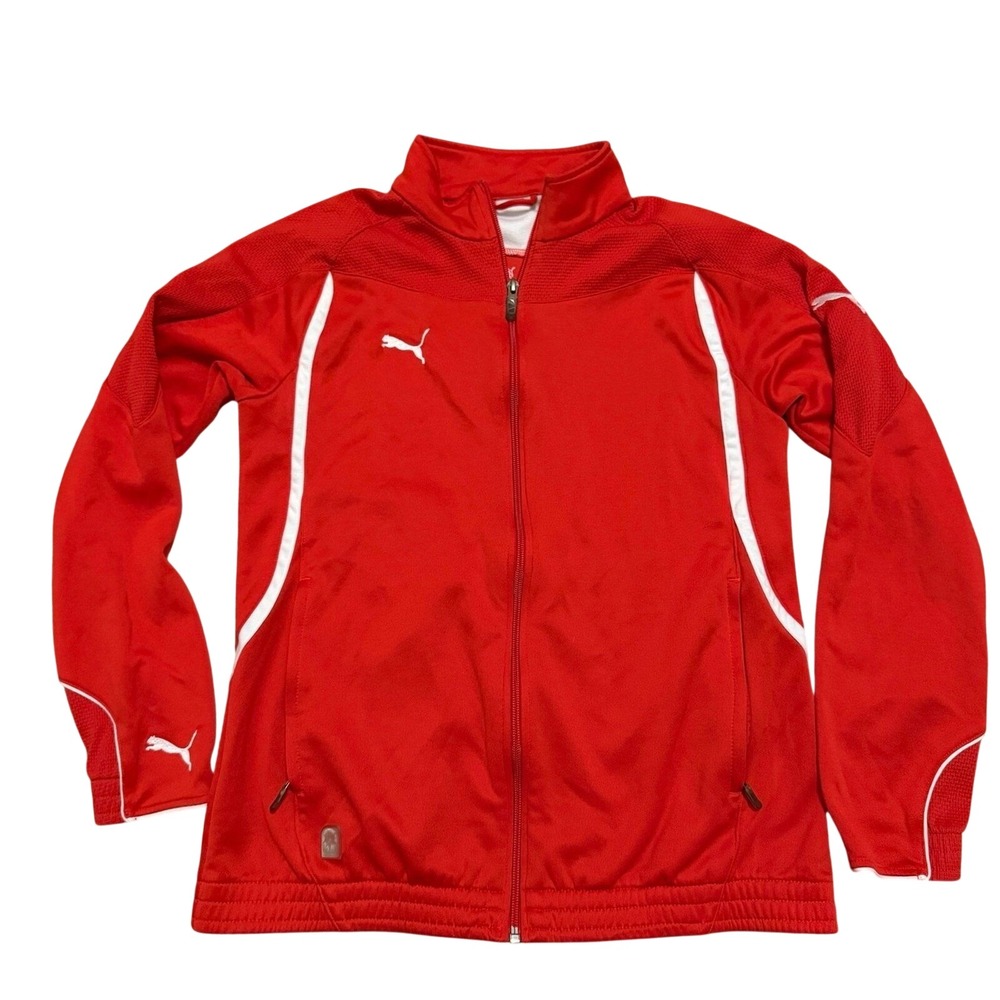 Puma Track Jacket Kids Large Red White Full Zip Mock Neck Logo 652426